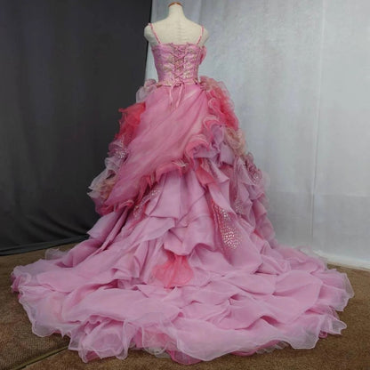 Cute Sweet 16 Dress Straps Pink Ball Gown With 3D Flowers Tiered Layers Sweet Sixteen Dress RB9968