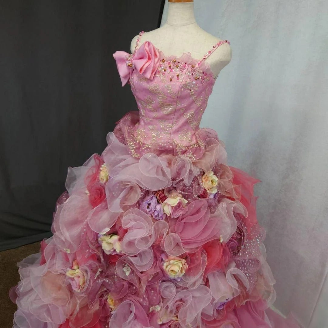 Cute Sweet 16 Dress Straps Pink Ball Gown With 3D Flowers Tiered Layers Sweet Sixteen Dress RB9968