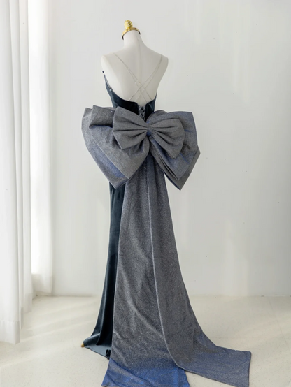 Robe de bal sirène sexy à fines bretelles en velours bleu marine, style tendance pour adolescentes, robe de soirée, robe de bal AS180