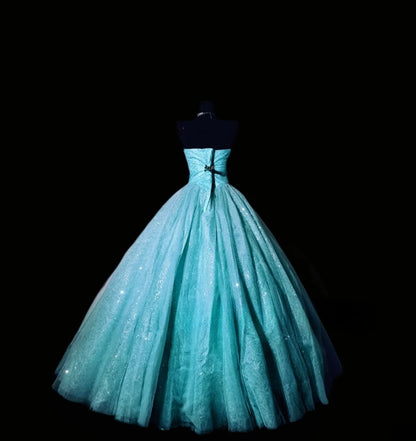 Charming Ball Gown Strapless Blue Long Quinceanera Dresses With Beaded For Sweet 15 15 Anos Celebration Birthday Formal Gown RB8838