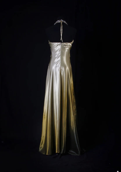 Robe de bal simple et esthétique, coupe trapèze, dos nu, en satin de soie orné de perles. Robe longue semi-formelle élégante pour lycéennes (AS181).