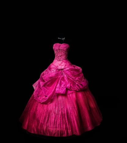 Charming Ball Gown Strapless Hot Pink Long Quinceanera Dresses With Beaded For Sweet 15 15 Anos Celebration Birthday Formal Gown RB8839
