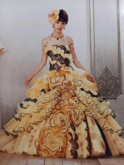 Sweet 16 Dress Yellow Strapless Sleeveless Ball Gown With Tiered Layers Sweet Sixteen Dress RB9970