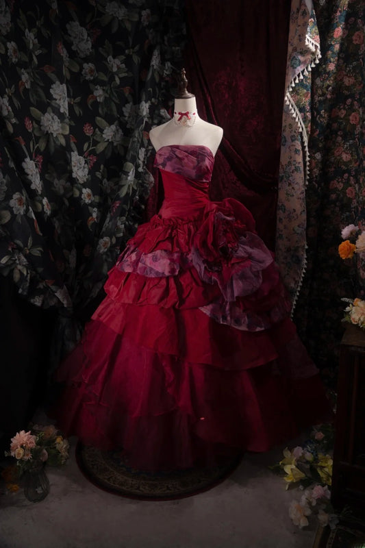 Dreamy Princess Ball Gown Formal Events Strapless Red With Tiered Layers Quince Dress Quinceanera Dresses Birthday Outfits RB8379