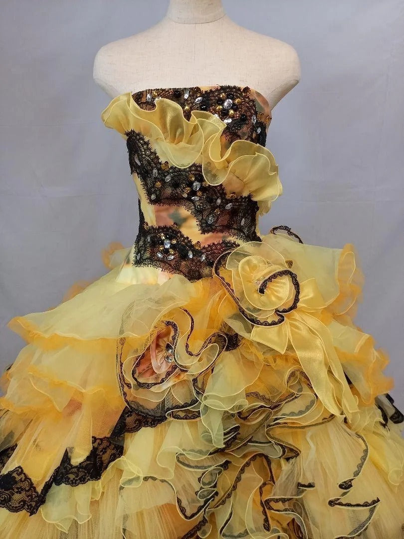 Sweet 16 Dress Yellow Strapless Sleeveless Ball Gown With Tiered Layers Sweet Sixteen Dress RB9970