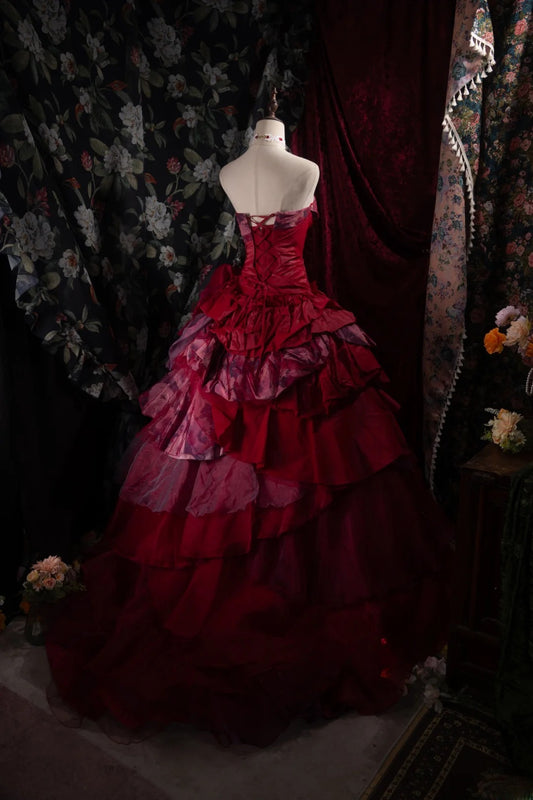 Dreamy Princess Ball Gown Formal Events Strapless Red With Tiered Layers Quince Dress Quinceanera Dresses Birthday Outfits RB8379