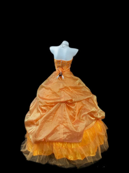 Prinzessin Ballkleid Trägerlos Orange Lang mit 3D-Blumen Korsett Eng Sweet 16 Kleider Siebzehn Quince Kleid RB3613