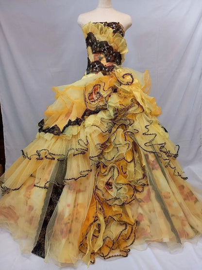 Sweet 16 Dress Yellow Strapless Sleeveless Ball Gown With Tiered Layers Sweet Sixteen Dress RB9970