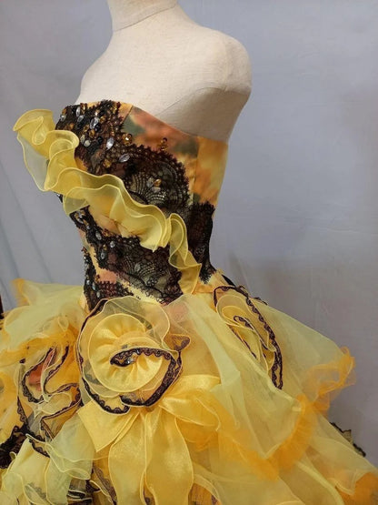 Sweet 16 Dress Yellow Strapless Sleeveless Ball Gown With Tiered Layers Sweet Sixteen Dress RB9970