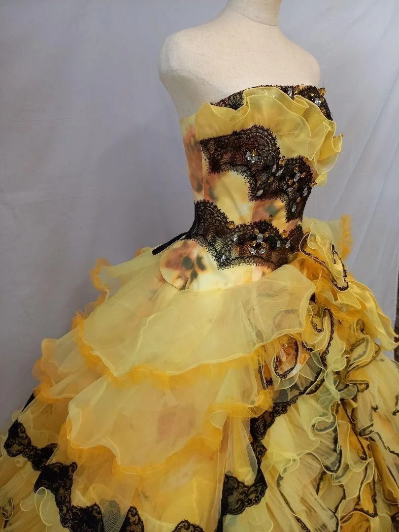 Sweet 16 Dress Yellow Strapless Sleeveless Ball Gown With Tiered Layers Sweet Sixteen Dress RB9970