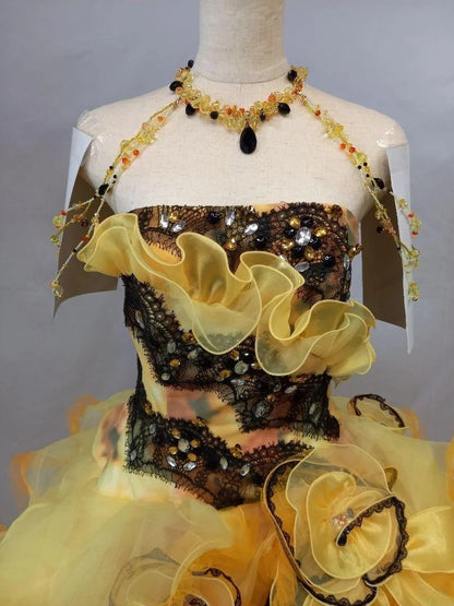 Sweet 16 Dress Yellow Strapless Sleeveless Ball Gown With Tiered Layers Sweet Sixteen Dress RB9970