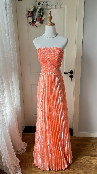 Vintage Prom Dresses Aesthetic 80s Retro A Line Coral Satin Fold Floor Length Evening Outfits RC0546