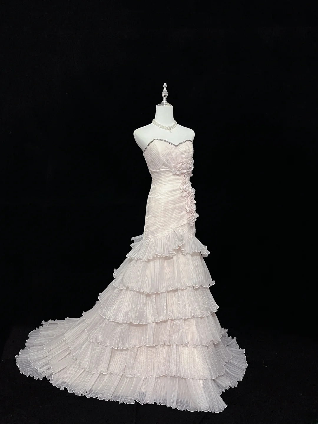 Beautiful Mermaid Sweetheart Pink Tulle With Tiered Layers Prom Dress Formal Outfits Party Dresses RB7585
