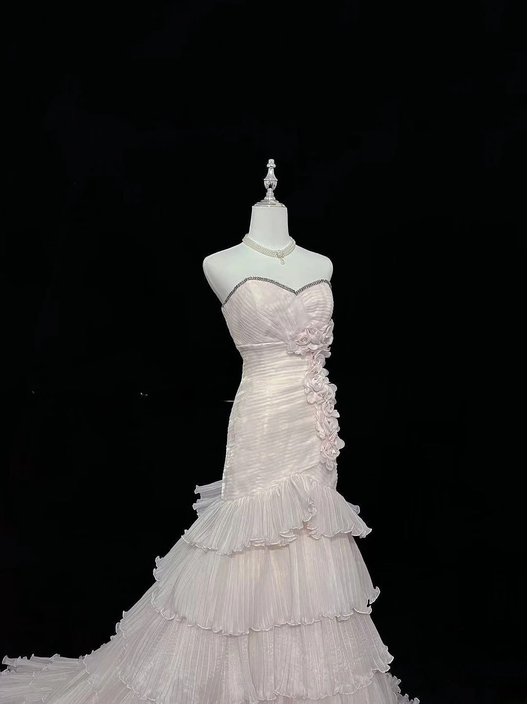 Beautiful Mermaid Sweetheart Pink Tulle With Tiered Layers Prom Dress Formal Outfits Party Dresses RB7585