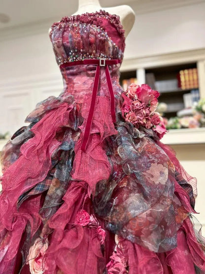 Gothic Sweetheart Sweet 16 Ball Gown,Burgundy 3D Flowers Layered Tulle Long Sweet Sixteen Formal Dress RB9971