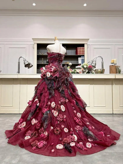 Gothic Sweetheart Sweet 16 Ball Gown,Burgundy 3D Flowers Layered Tulle Long Sweet Sixteen Formal Dress RB9971