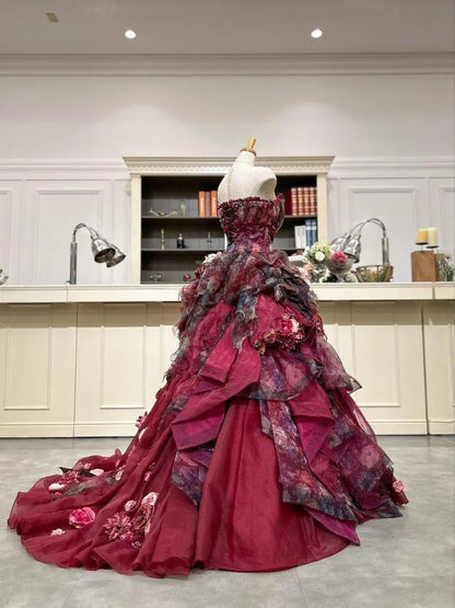 Gothic Sweetheart Sweet 16 Ball Gown,Burgundy 3D Flowers Layered Tulle Long Sweet Sixteen Formal Dress RB9971