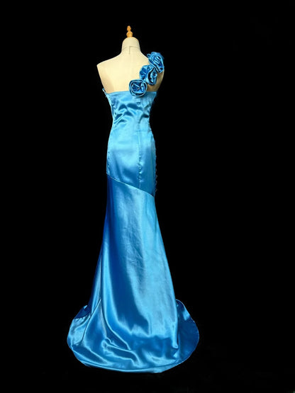 Vintage 70s Prom Dresses Mermaid One Shoulder Satin With Flower Long Party Gown Formal Outfits RB5990