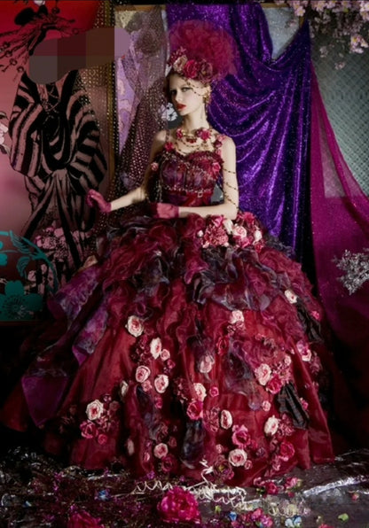 Gothic Sweetheart Sweet 16 Ball Gown,Burgundy 3D Flowers Layered Tulle Long Sweet Sixteen Formal Dress RB9971