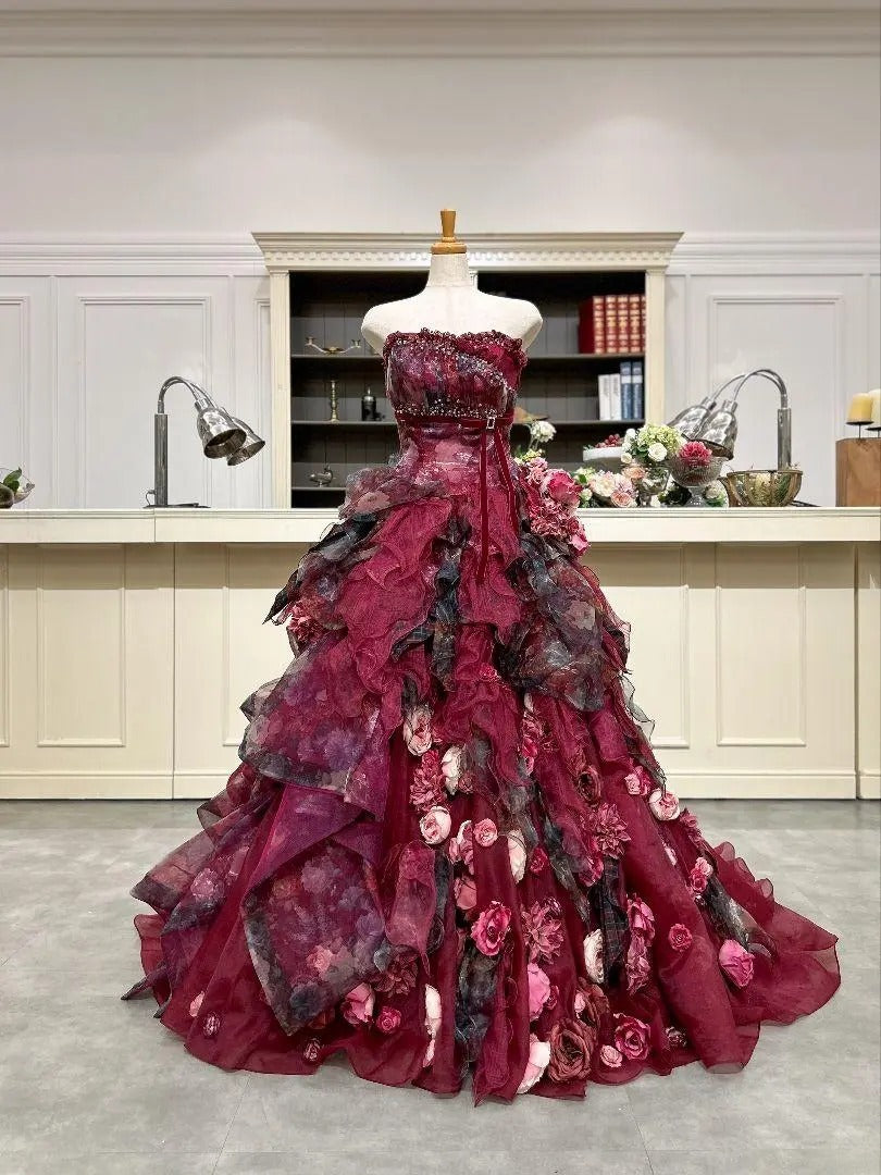 Gothic Sweetheart Sweet 16 Ball Gown,Burgundy 3D Flowers Layered Tulle Long Sweet Sixteen Formal Dress RB9971