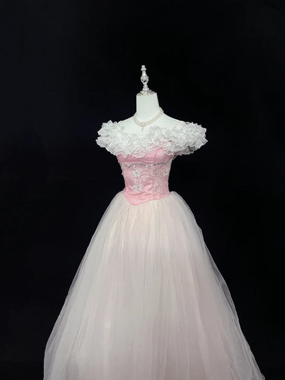 Beautiful Ball Gown Off The Shoulder Pink Tulle With Appliqued Beading Prom Dress Formal Outfits Party Dresses RB7586