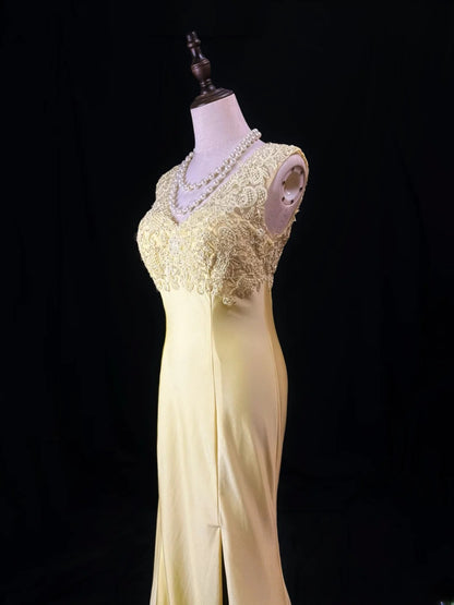 Vintage 70s Prom Dresses Mermaid V Neck Yellow Backless Satin With Split Lace Long Party Gown Formal Outfits RB5991