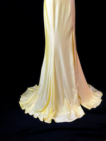 Vintage 70s Prom Dresses Mermaid V Neck Yellow Backless Satin With Split Lace Long Party Gown Formal Outfits RB5991