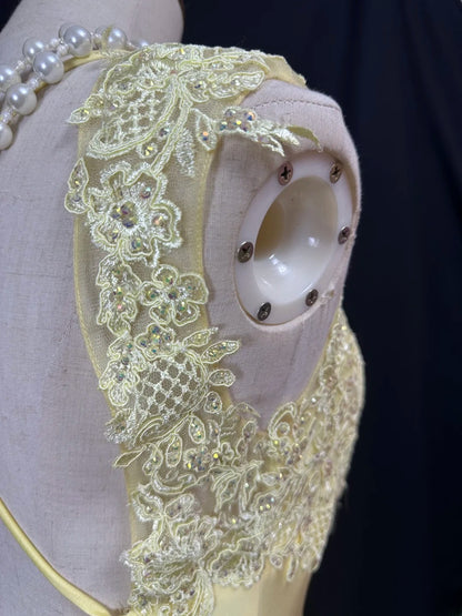 Vintage 70s Prom Dresses Mermaid V Neck Yellow Backless Satin With Split Lace Long Party Gown Formal Outfits RB5991