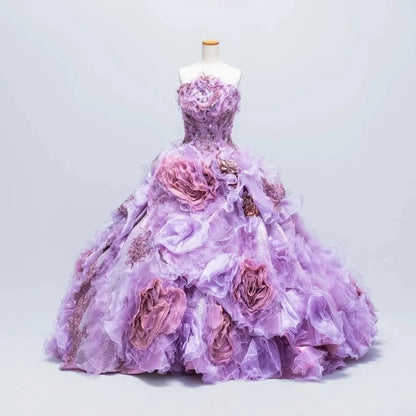 Gothic Sweetheart Sweet 16 Ball Gown,Lilac 3D Flowers Layered Tulle Long Sweet Sixteen Formal Dress RB9972