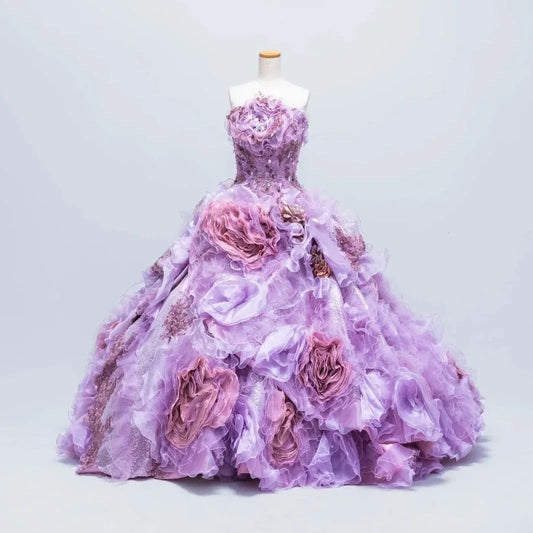 Gothic Sweetheart Sweet 16 Ball Gown,Lilac 3D Flowers Layered Tulle Long Sweet Sixteen Formal Dress RB9972