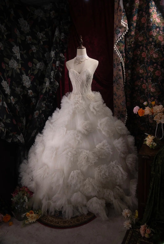 Stunning Ball Gown Sweetheart White Tulle 2000s With Flowers Long Autumn Winter Bridal Dress Wedding Dresses RB8382