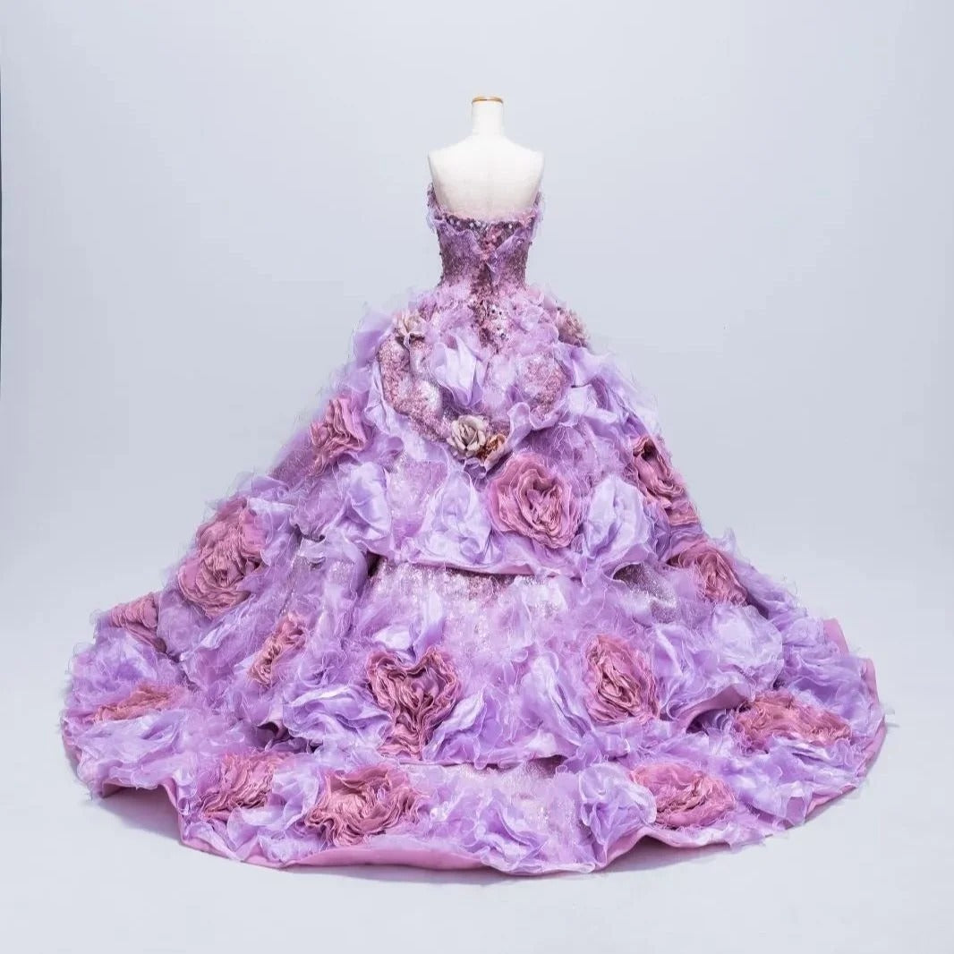 Gothic Sweetheart Sweet 16 Ball Gown,Lilac 3D Flowers Layered Tulle Long Sweet Sixteen Formal Dress RB9972