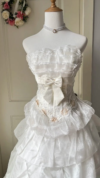 Elegant Sweet 16 Dress Long Strapless White Tiered Beading Ball Gown Sweet Sixteen Party Birthday Dresses RC0548