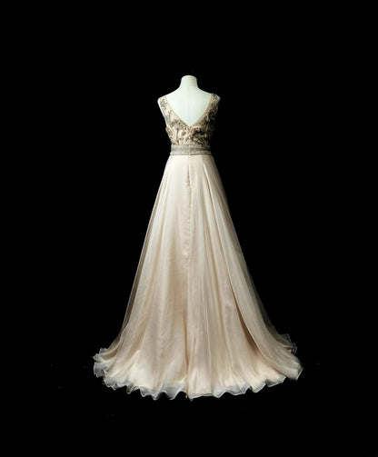 Vintage 70s Prom Dresses A line Jewel Neck Champagne Chiffon With Crystals Long Party Gown Formal Outfits RB5992