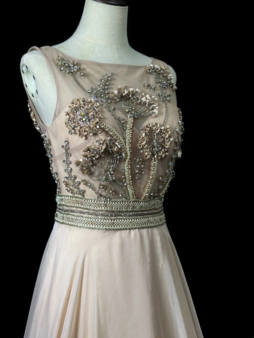 Vintage 70s Prom Dresses A line Jewel Neck Champagne Chiffon With Crystals Long Party Gown Formal Outfits RB5992
