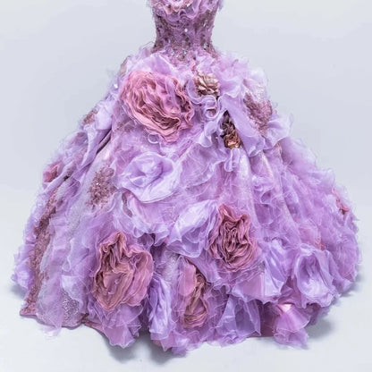 Gothic Sweetheart Sweet 16 Ball Gown,Lilac 3D Flowers Layered Tulle Long Sweet Sixteen Formal Dress RB9972