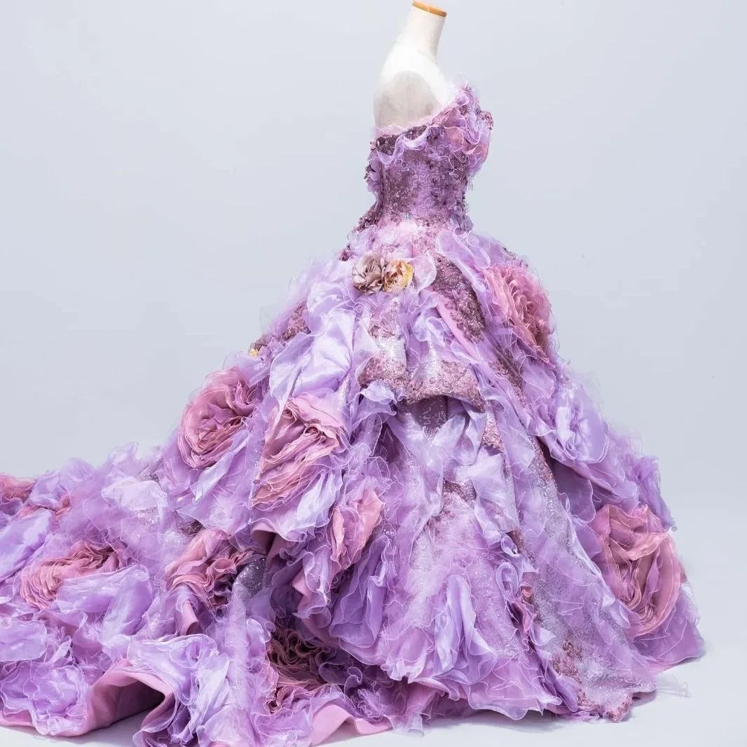 Gothic Sweetheart Sweet 16 Ball Gown,Lilac 3D Flowers Layered Tulle Long Sweet Sixteen Formal Dress RB9972