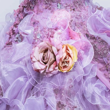 Gothic Sweetheart Sweet 16 Ball Gown,Lilac 3D Flowers Layered Tulle Long Sweet Sixteen Formal Dress RB9972