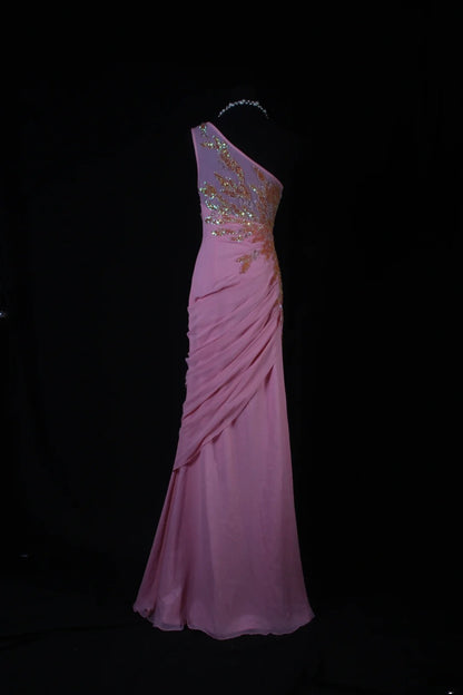 Robe de bal sirène modeste à une épaule en mousseline rose, robe de soirée longue AS188