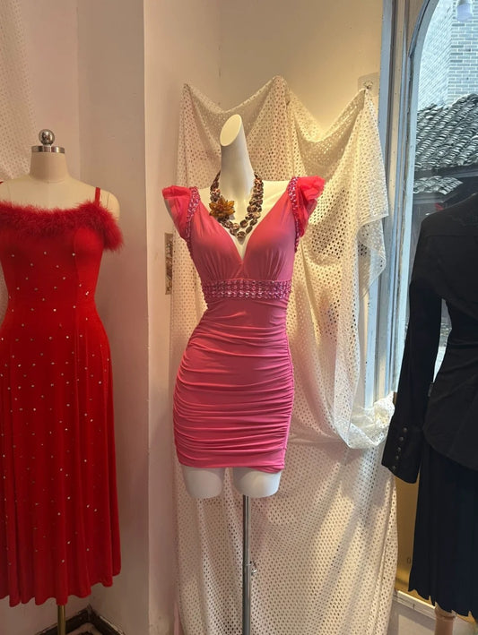 Vintage Hoco Dress Sheath V Neck Pink Tight Bodycon Short Homecoming Party Dress RB9973