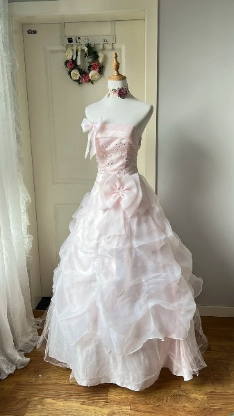 Elegant Sweet 16 Dress Long Strapless Pink Tiered Bow-knot Ball Gown Sweet Sixteen Party Birthday Dresses RC0549