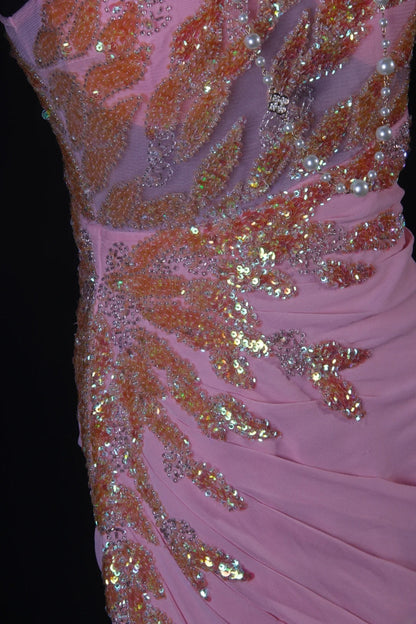 Robe de bal sirène modeste à une épaule en mousseline rose, robe de soirée longue AS188