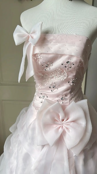 Elegant Sweet 16 Dress Long Strapless Pink Tiered Bow-knot Ball Gown Sweet Sixteen Party Birthday Dresses RC0549
