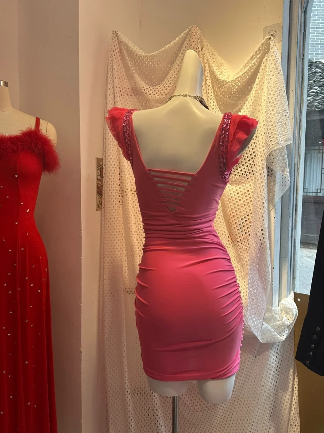 Vintage Hoco Dress Sheath V Neck Pink Tight Bodycon Short Homecoming Party Dress RB9973