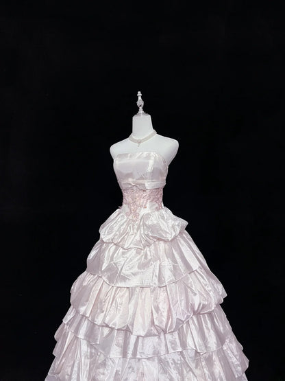 Beautiful Ball Gown Strapless Pink Satin With Appliqued Tiered Prom Dress Formal Outfits Party Dresses RB7588