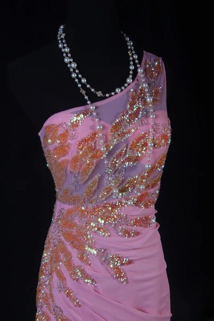 Robe de bal sirène modeste à une épaule en mousseline rose, robe de soirée longue AS188
