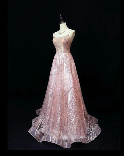 Vintage 70s Prom Dresses A line Spaghetti Strap Pink Sequin Long Party Gown Formal Outfits RB5993