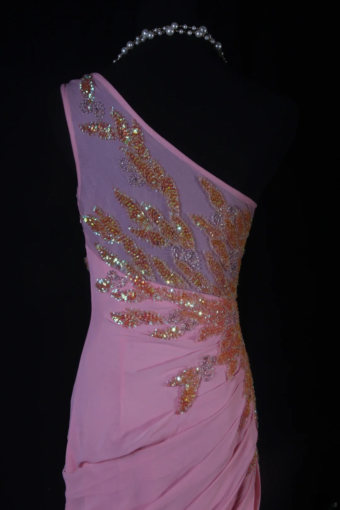 Robe de bal sirène modeste à une épaule en mousseline rose, robe de soirée longue AS188
