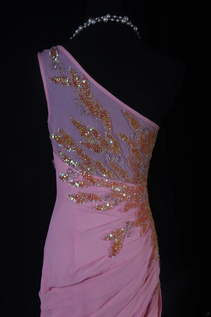Robe de bal sirène modeste à une épaule en mousseline rose, robe de soirée longue AS188