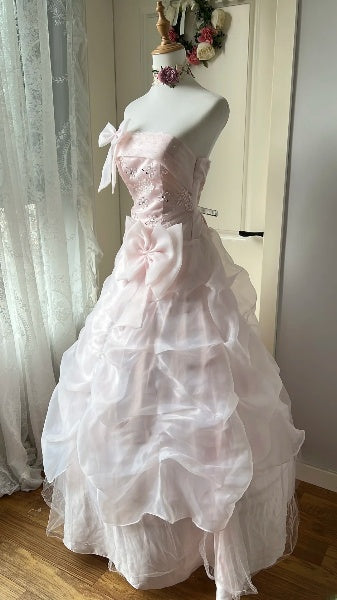 Elegant Sweet 16 Dress Long Strapless Pink Tiered Bow-knot Ball Gown Sweet Sixteen Party Birthday Dresses RC0549